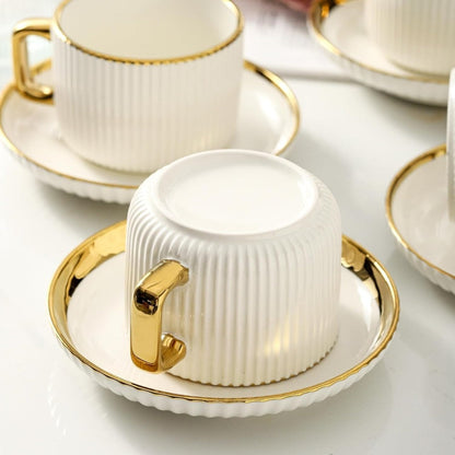 Ceramic Cappuccino Cups with Saucers Set of 6 – 8oz Coffee Mugs with Golden Trim, Latte Art Cups for Espresso Mocha, British Italian Style Café Cups and Saucer Sets for Home Kitchen