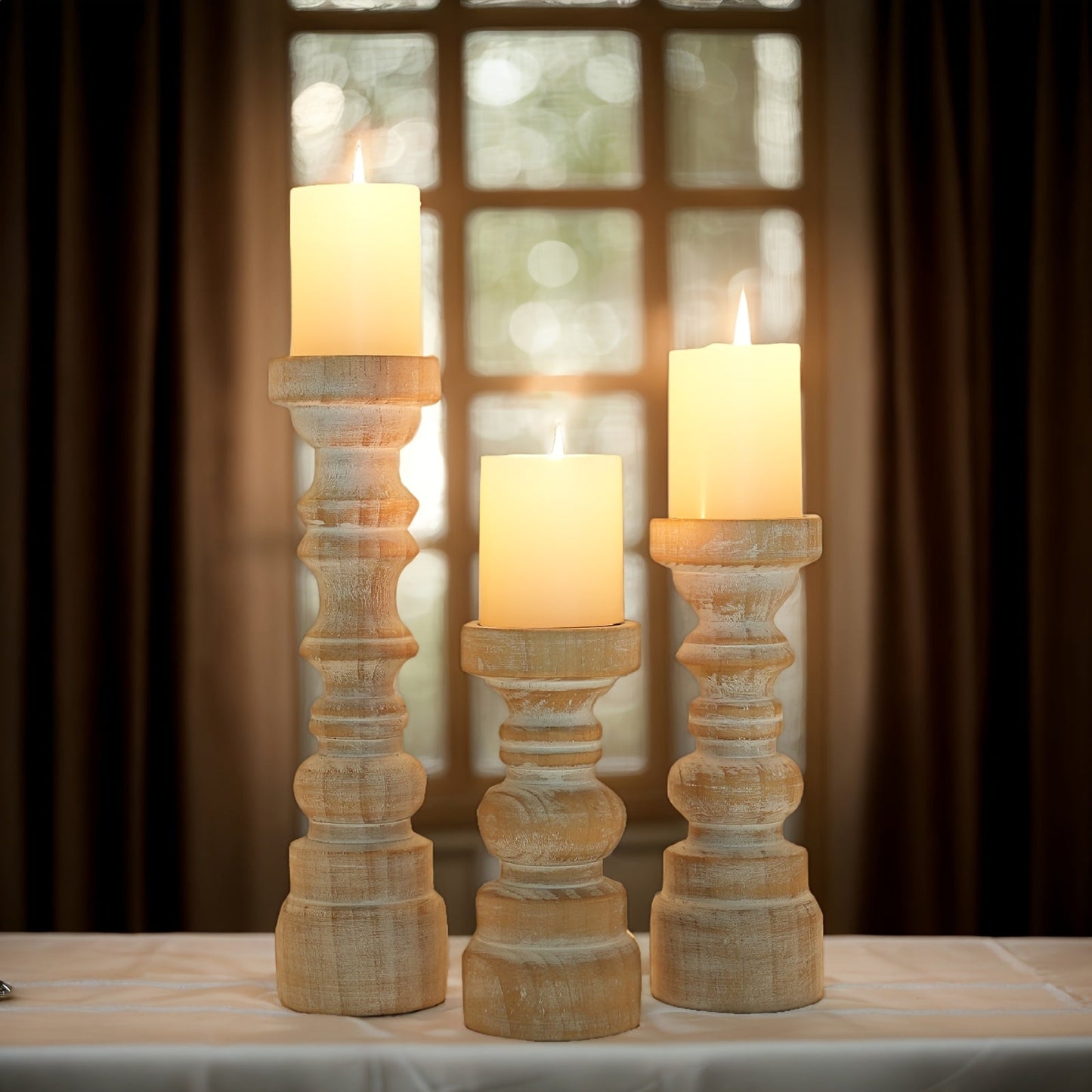 Candle Holder Set of 3 Graduated Brown Wood Pillar Stands with Turned Farmhouse Profiles for Tabletop Displays