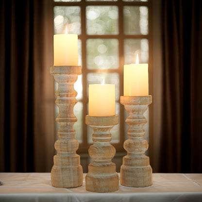 Candle Holder Set of 3 Graduated Brown Wood Pillar Stands with Turned Farmhouse Profiles for Tabletop Displays