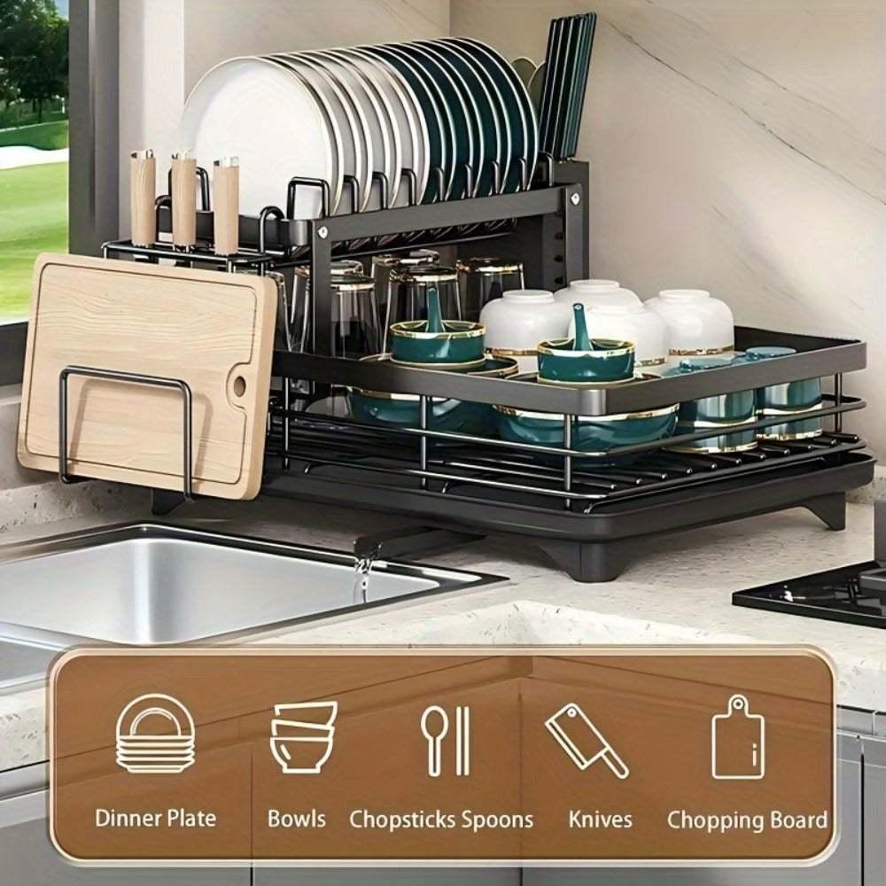 2-Tier Dish Drying Rack with Drainboard & Mat – Metal Dish Rack for Kitchen Counter with Knife Fork Cup Holder