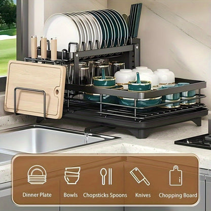 2-Tier Dish Drying Rack with Drainboard & Mat – Metal Dish Rack for Kitchen Counter with Knife Fork Cup Holder