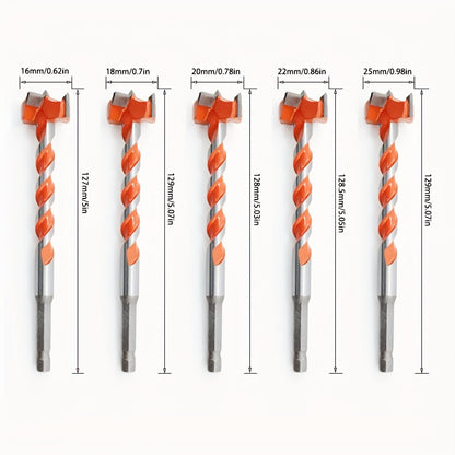 Five-Piece Extended Auger Drill Bit Set with 15-25mm Cutting Heads and Hex Shanks for Wood or Plastic