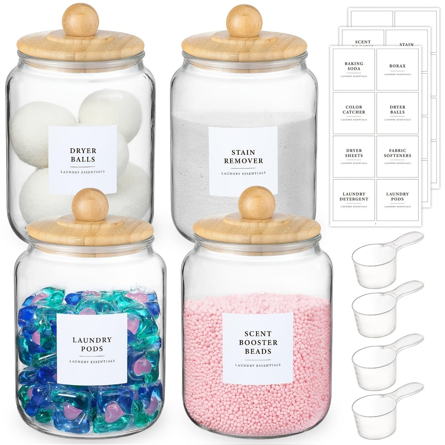 Wide-Mouth Glass Storage Canisters with Lids, Labels and Spoons in Five Pack Configurations
