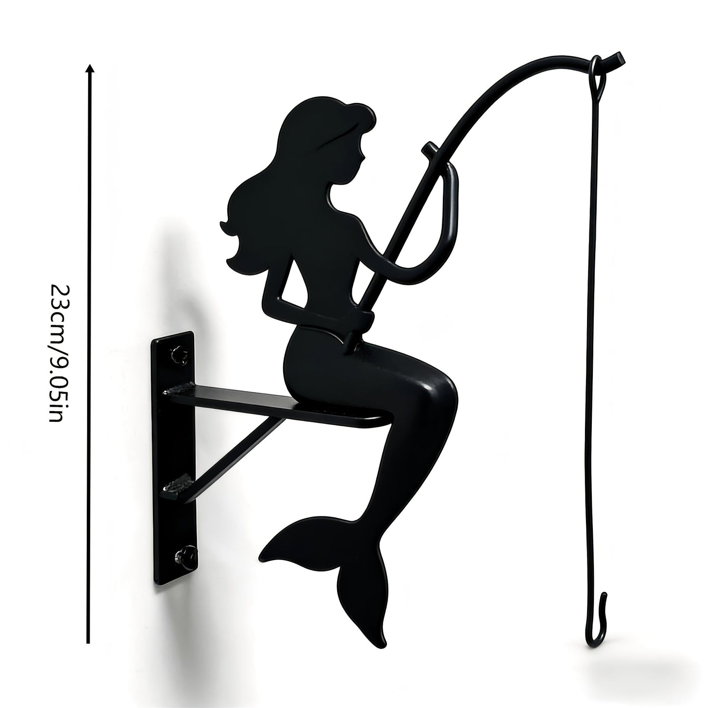 Mermaid Wall Planter Bracket with 9.05-Inch Silhouette, Hanging Hook and Black Metal-Look Finish