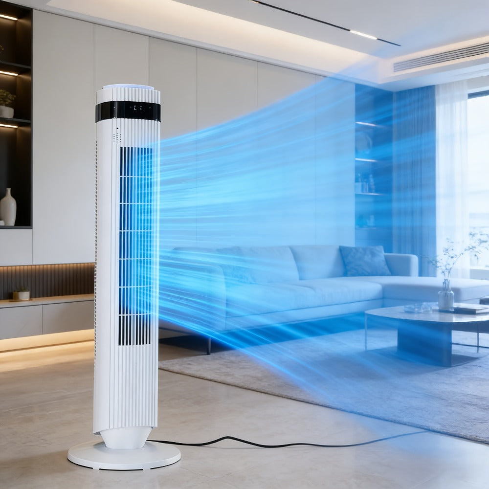 Floor-Standing Tower Fan with Circular LED Display, 7.68-Inch Base and Black, White or Gray Finish