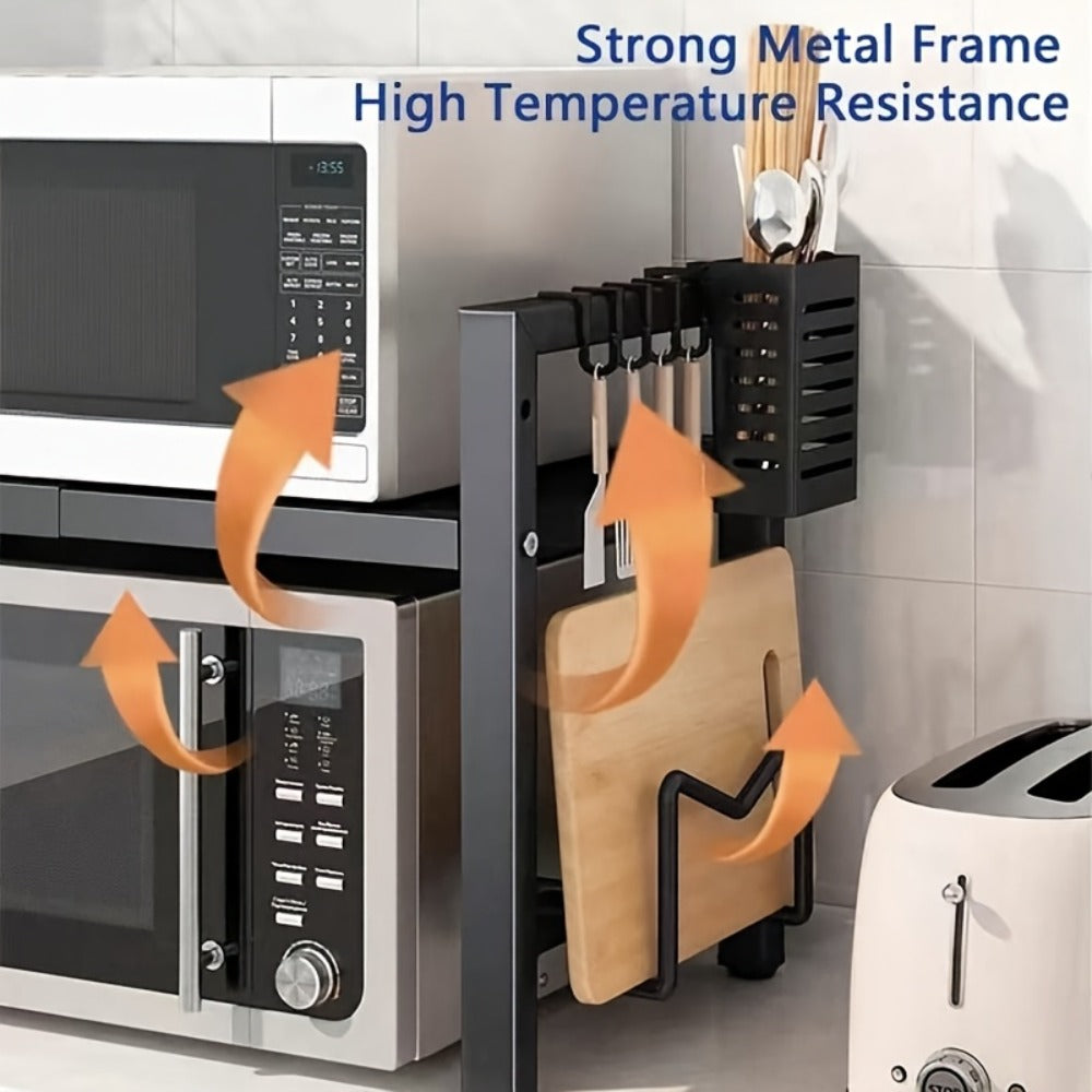 Microwave Stand Kitchen Organizer Extendable Black Iron Countertop Shelf for Cookware, Bowls and Cups