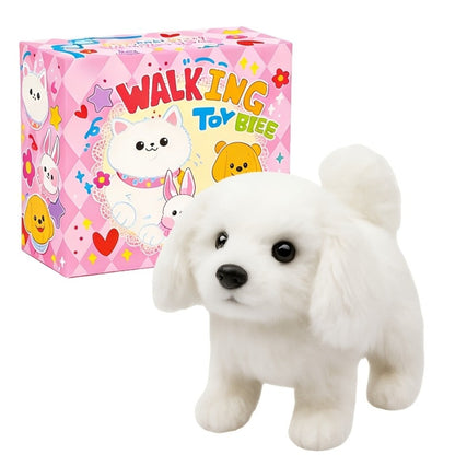 Plush Toy – White Electronic Puppy with Walking, Barking, Tail-Wagging Action, Leash and Bow