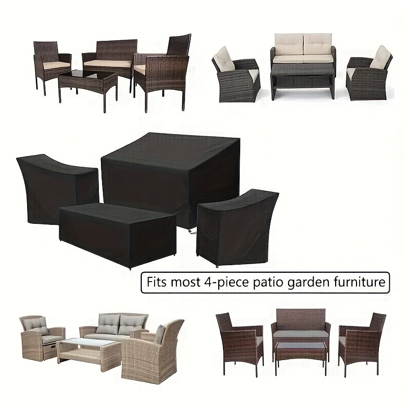 Four-Piece Black Patio Furniture Cover Set for Loveseat, Two Chairs and Coffee Table with Listed Dimensions