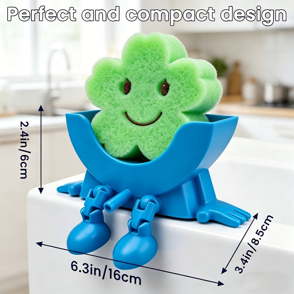 Sponge Holder for Kitchen Sink, 2-Pack Self-Adhesive Sponge Caddy with Drainage, No-Drill Wall Mount or Countertop Organizer Rack for Dishcloth Scrubber, 3D Printed Black and Green Kitchen Accessories