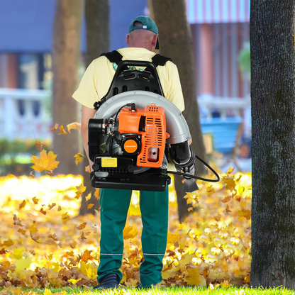 Backpack Gas Leaf Blower in Orange with 2-Stroke Engine Label, Flexible Elbow, Long Tube and Control Handle