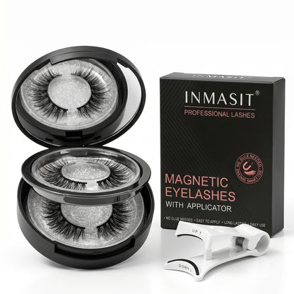 INMASIT Magnetic False Eyelashes Set with Round Storage Case and Applicator in Black or Pink