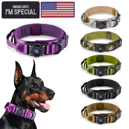 Tactical Dog Collar with Handle and Round Tracker Holder Case in Nine Colors and Sizes M to XL