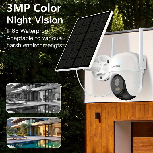 Wire-Free Solar Outdoor Security Camera 3MP PTZ 360° Pan-Tilt, AI Human Detection, Color Night Vision, Two-Way Audio, 2.4G WiFi, Cloud & SD Storage – Laxihub GO2T Wireless Weatherproof Camera