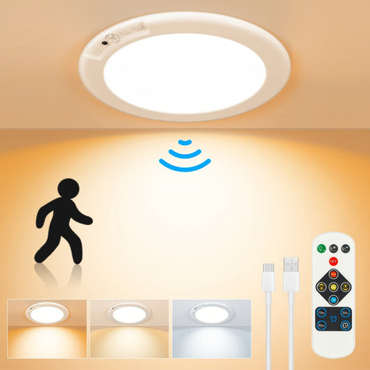 Rechargeable LED Ceiling Light with Motion Sensor – Remote Control Dimmable, 3 Color Temps 3000K/4500K/6500K, 10 Brightness Levels, Battery Operated Closet Light for Bathroom Hallway Pantry Porch