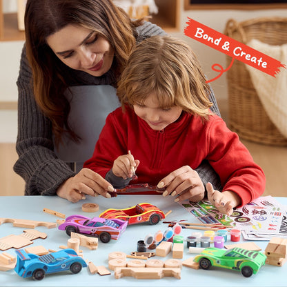 DIY Wooden Race Cars 4pcs Build & Paint Kit for Kids Ages 8+, 44 Pre-Cut Pieces 12 Colors Racing Stickers