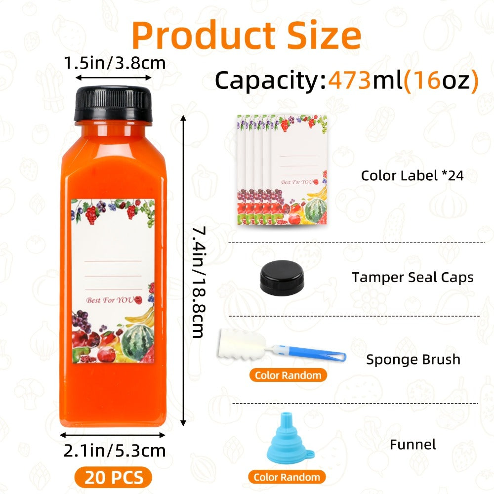 Reusable Juice Bottle Set, Clear Plastic 12oz or 16oz Drink Containers with Lids, Funnel and Cleaning Brush