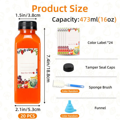 Reusable Juice Bottle Set, Clear Plastic 12oz or 16oz Drink Containers with Lids, Funnel and Cleaning Brush