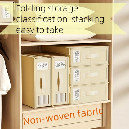 Bed Sheet Storage Organizer Boxes 4-Pack Foldable Fabric Bins with Clear Window & Label, Closet Bedding Storage Box for Sheets Duvet Covers Blankets Pillowcases, Oxford or Non-Woven, Grey Beige
