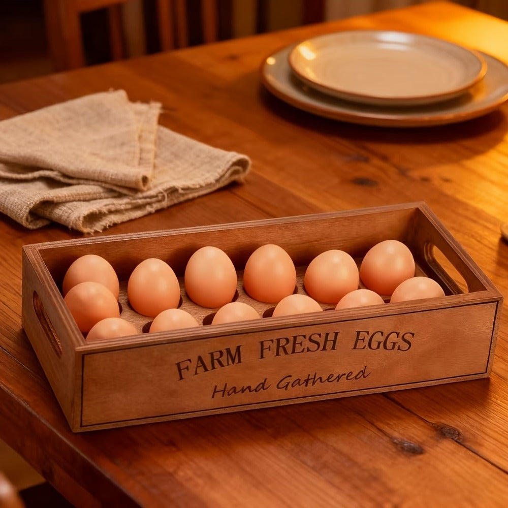 Two-Piece Farmhouse Wooden Egg Holder Rack Set with Handles and Space for Twenty-Four Eggs Each