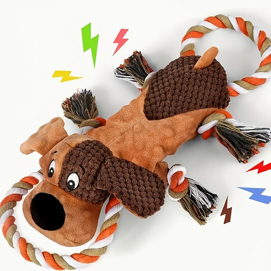 Dog Toy Plush Rope Animal with Squeaker, Crinkle Paper and Four Styles for Chew, Tug and Fetch Play