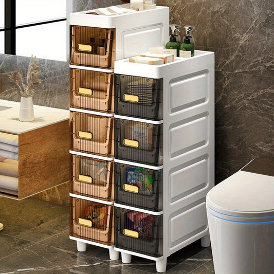 Storage Cabinet Slim PP Drawer Tower with Wheels, Pull-Out Bins and Three, Four or Five Layers