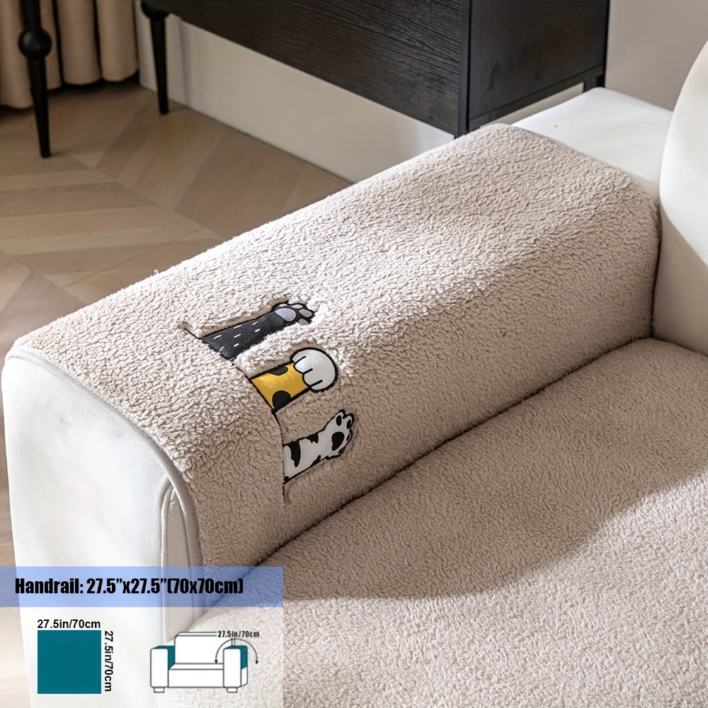 Sofa Cover, Sherpa Plush Cat-Paw Embroidered Seat Pad with Non-Slip Backing in Four Colors and Seven Sizes