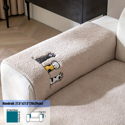 Sofa Cover, Sherpa Plush Cat-Paw Embroidered Seat Pad with Non-Slip Backing in Four Colors and Seven Sizes
