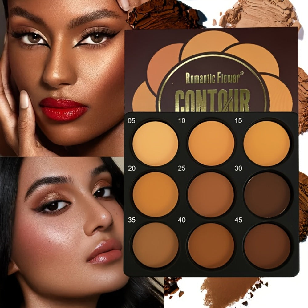 Nine-Color Contour and Face Makeup Palette with Mixed Light, Medium and Deep Pans in One Compact