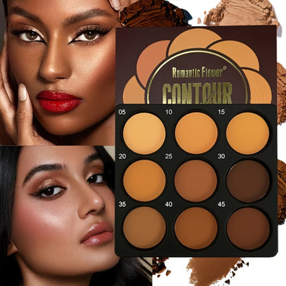 Nine-Color Contour and Face Makeup Palette with Mixed Light, Medium and Deep Pans in One Compact