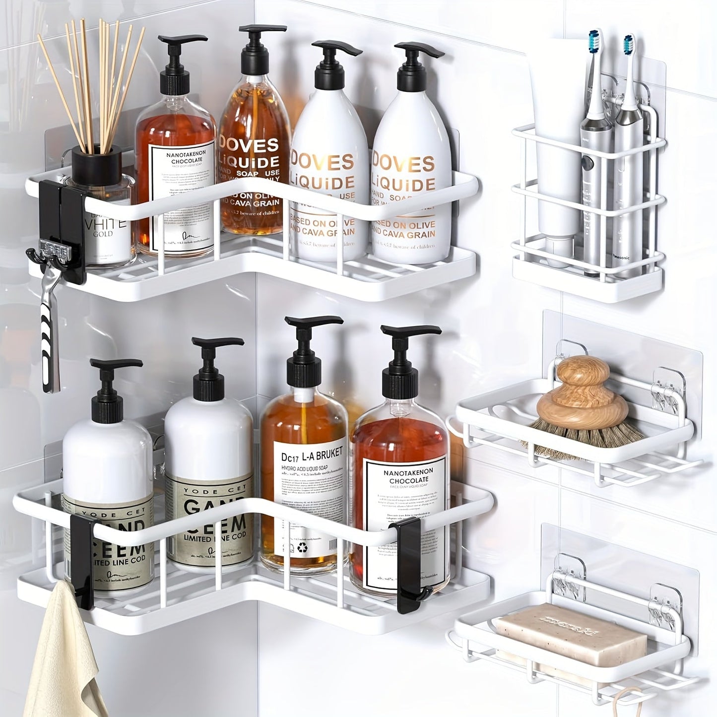 Five-Piece Corner Shower Caddy Set with Soap Holder and Four Removable Hooks in Seven Colors