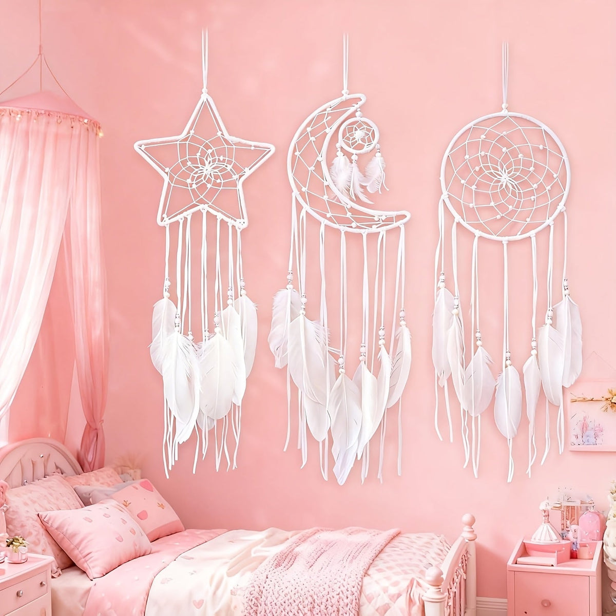 Dream Catcher Set of 3 - Moon Sun Star Wall Hanging Decor for Bedroom, Boho Room Decor for Teen Girls Kids