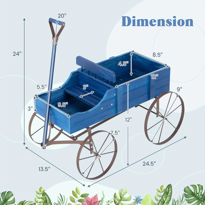 Garden Wagon Planter with Four Decorative Wheels, Pull Handle and Two-Section Bed in Five Colors