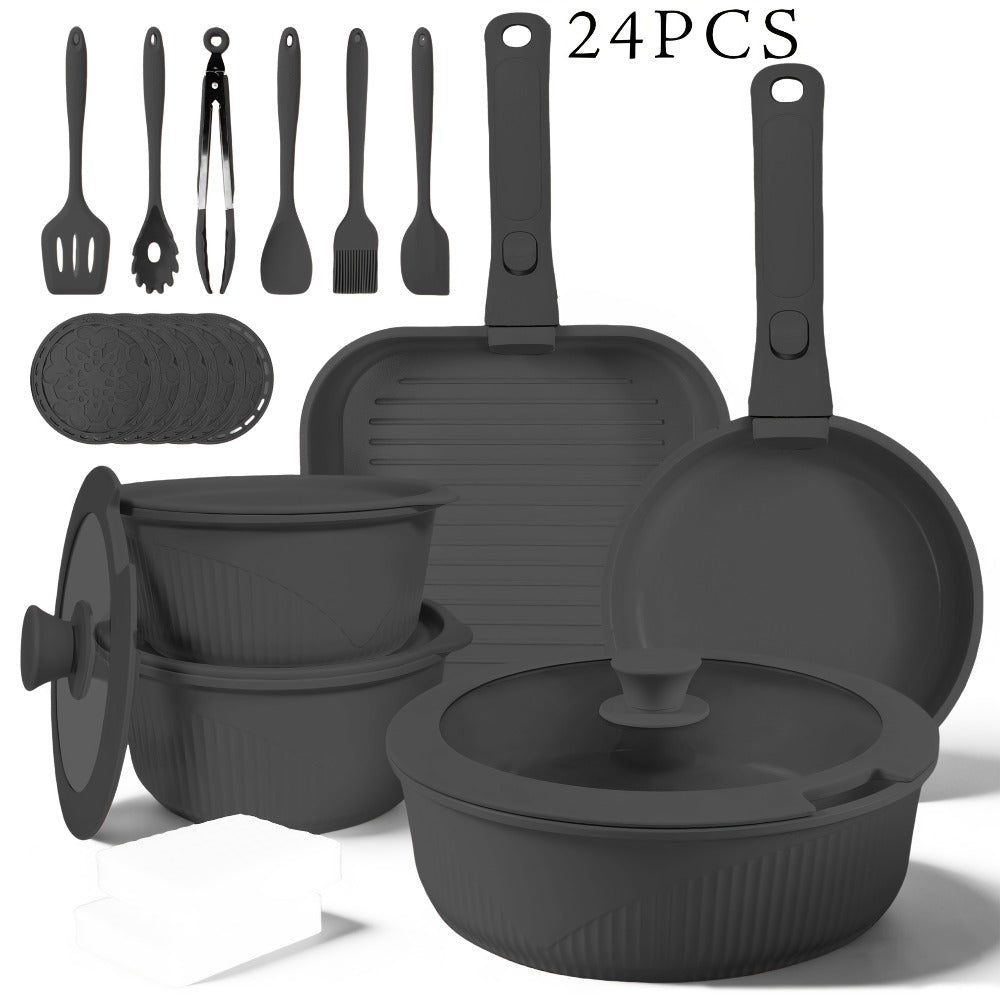 Detachable-Handle Cookware Set in 5-, 7- or 24-Piece Configurations with Stackable Pots, Pans and Lids