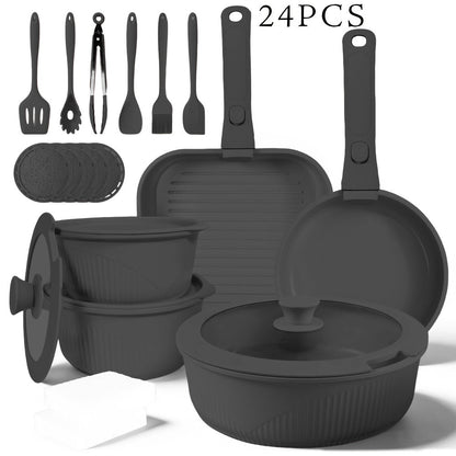 Detachable-Handle Cookware Set in 5-, 7- or 24-Piece Configurations with Stackable Pots, Pans and Lids