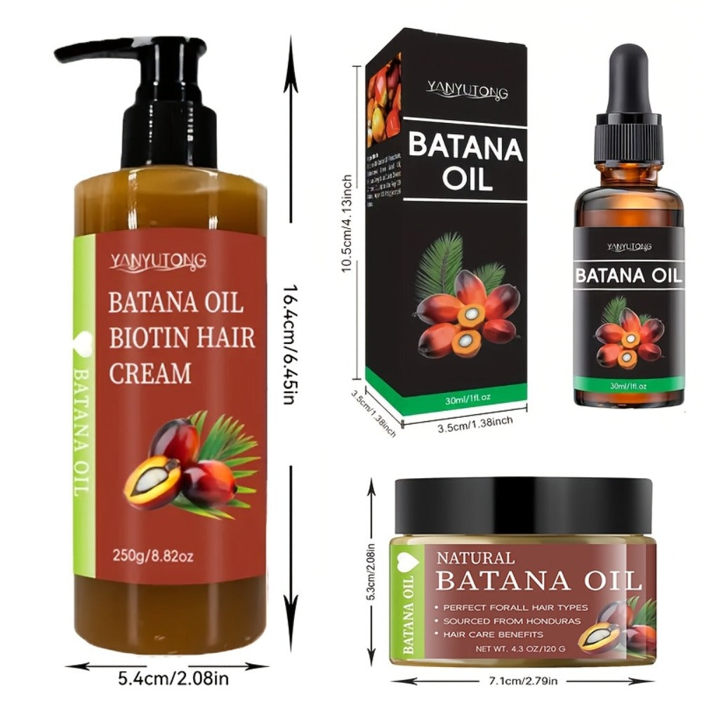 Three-Piece Batana Oil and Biotin Hair Care Set with Pump Cream, Dropper Bottle and Balm Formats