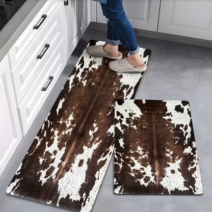 Cowhide Patterned Kitchen Mats Set of 2 – Memory Foam Anti-Fatigue Floor Mats, Non-Slip Animal Print Cushioned Standing Mat for Kitchen Hallway Bathroom Laundry Room