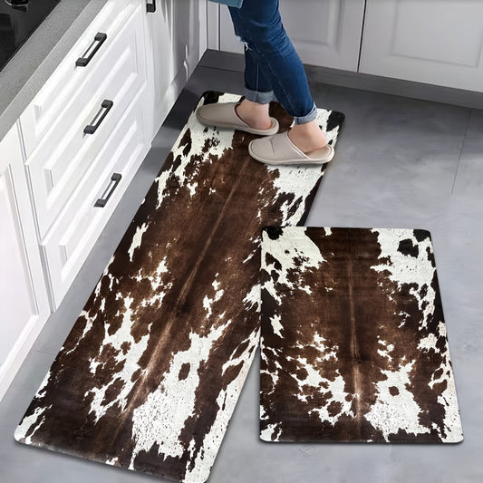 Cowhide Patterned Kitchen Mats Set of 2 – Memory Foam Anti-Fatigue Floor Mats, Non-Slip Animal Print Cushioned Standing Mat for Kitchen Hallway Bathroom Laundry Room