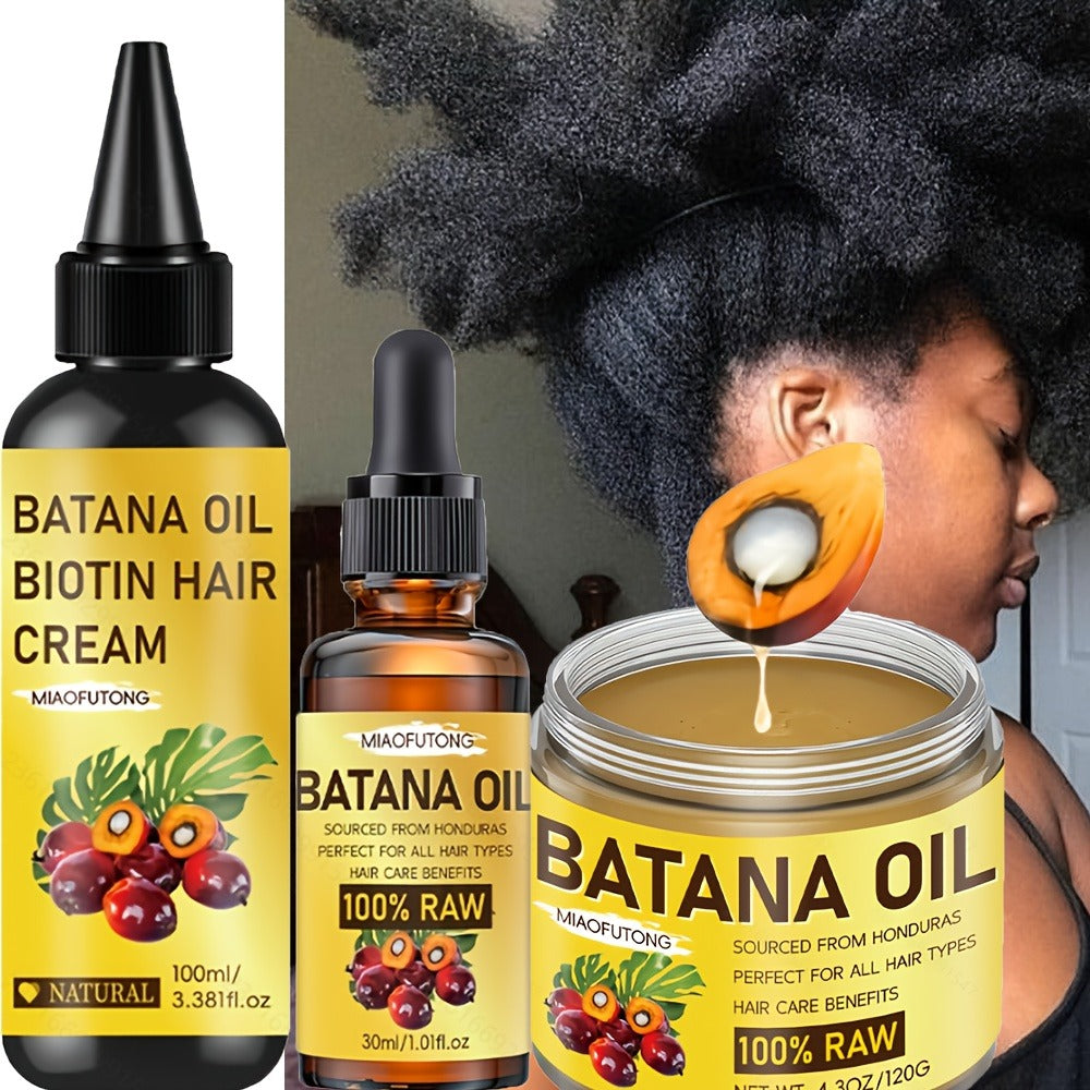 Batana Oil Hair Care Kit 3pcs — Pure Cold-Pressed Honduran Battana Hair Cream, Hair Oil & Essential Oil, Repairs Damage & Adds Shine, Nourishes Scalp, All Hair Types
