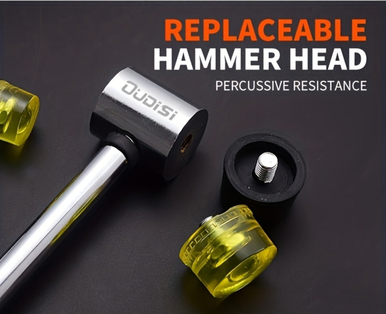 Double-Head Soft-Face Mallet with Steel Handle, Rubber Grip and Four Replaceable Head Sizes
