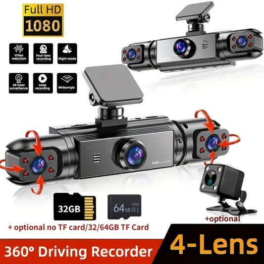 360° 4-Channel Dash Cam 1080P Front + 720P Rear Left Right Full Coverage, WDR Night Vision, G-Sensor, Loop Recording – Optional 64GB TF Card, Car Safety Driving Recorder