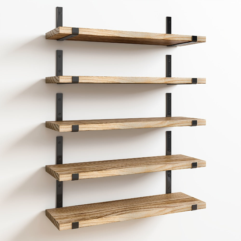 Five-Piece Rustic Floating Shelf Set with Black Metal Brackets in Light Brown, Dark Brown or Black-Gold Finishes