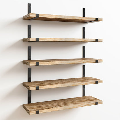 Five-Piece Rustic Floating Shelf Set with Black Metal Brackets in Light Brown, Dark Brown or Black-Gold Finishes