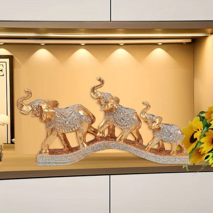 Golden Elephant Family Figurine Set with Three Resin-Look Sculptures on a 14-Inch Display Base