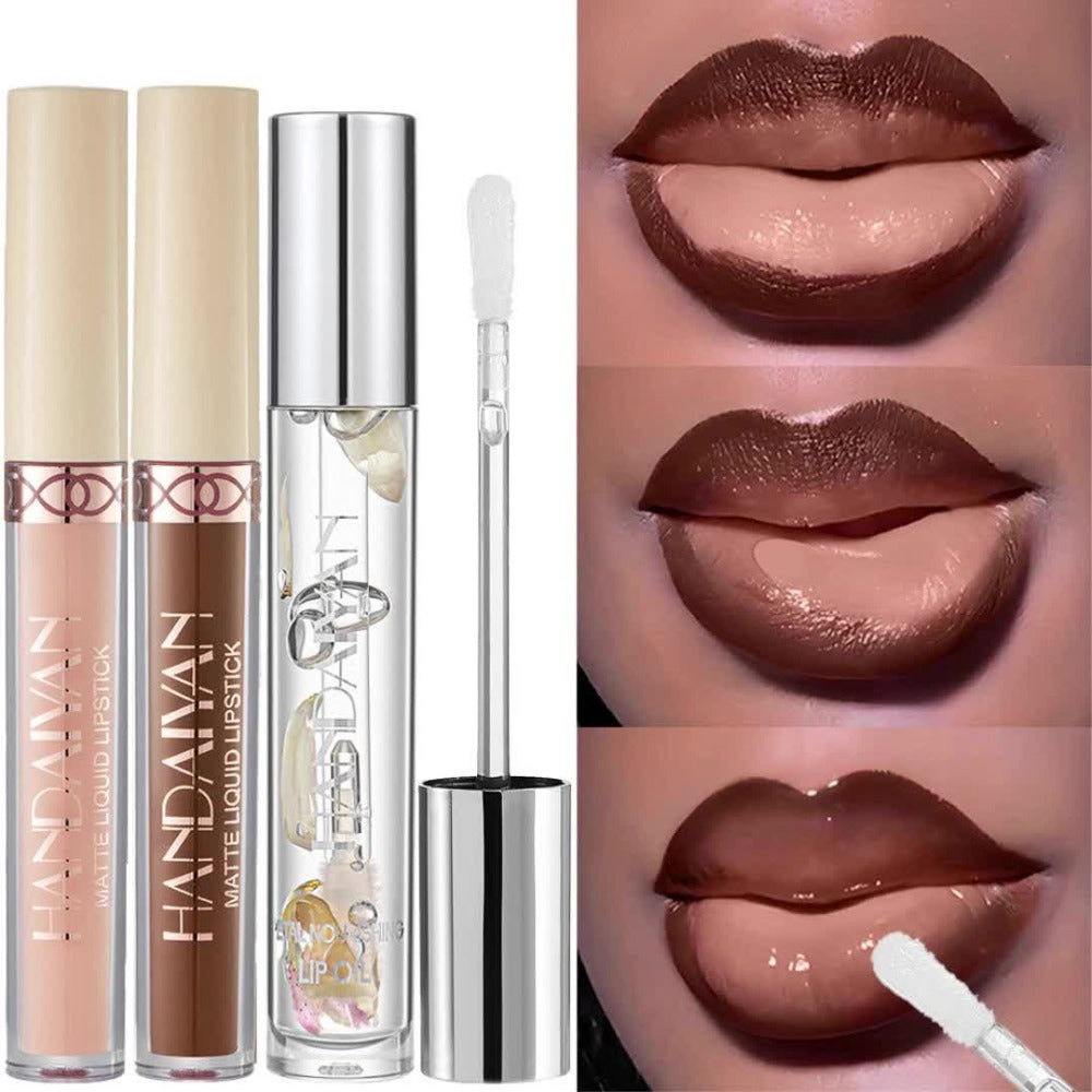Three-Tube Lip Makeup Set with Clear Silver-Cap Tube and Coordinated Color Pair in Set A, B or C