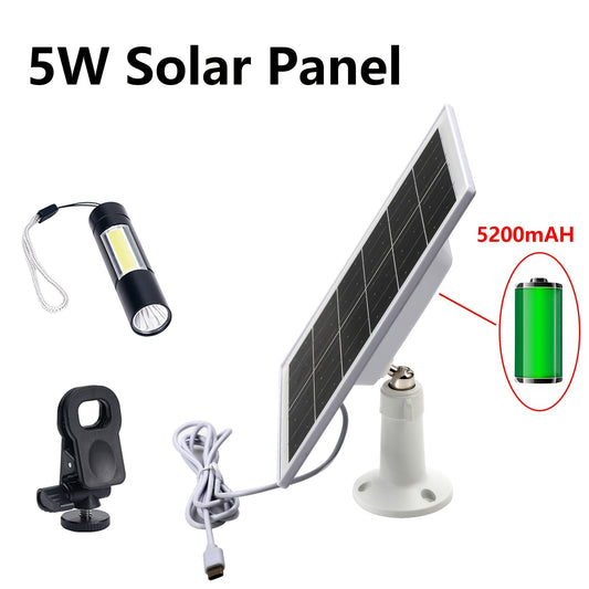 Solar Panel 5W Monocrystalline with Built-In 5200mAh Battery - 3rd Gen Emergency Charger for Security Camera, Doorbell, Outdoor Lights & Low-Voltage Devices, Portable Travel Power