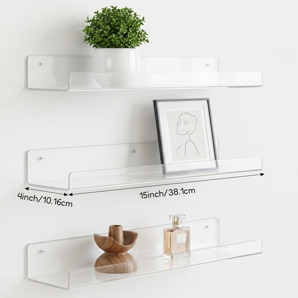 Clear Acrylic Wall Display Shelf Set in 15 x 4-Inch Size with 4, 8 or 16 Shelves and Mounting Hardware