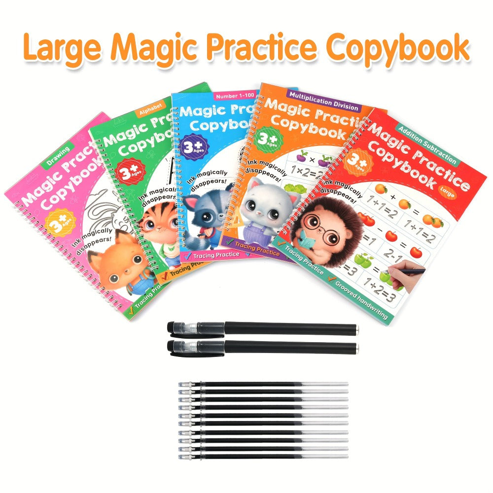 Magic Grooved Handwriting Practice Book for Kids Ages 3-8 — Reusable 5-in-1 Tracing Workbook for Letters Numbers Drawing Math, 3D Groove Pen Control Training with Grip Aids, 10.2×7.3 In