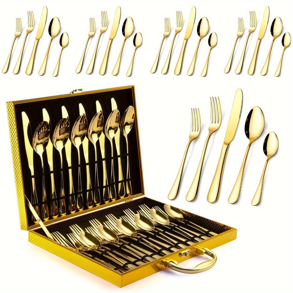 Thirty-Piece Gold-Tone Flatware Set for Six with Five-Piece Place Settings and Fitted Presentation Case
