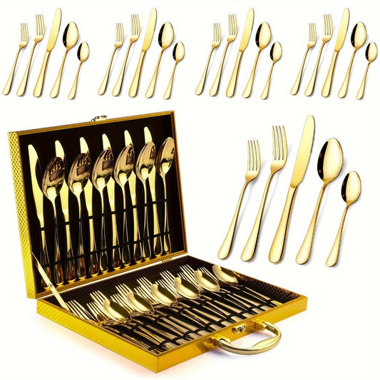 30pcs Golden Stainless Steel Flatware Set for 6 People Mirror Polish Knives Forks Spoons Silverware with Wooden Gift Box for Wedding Celebration Banquet Business Gift