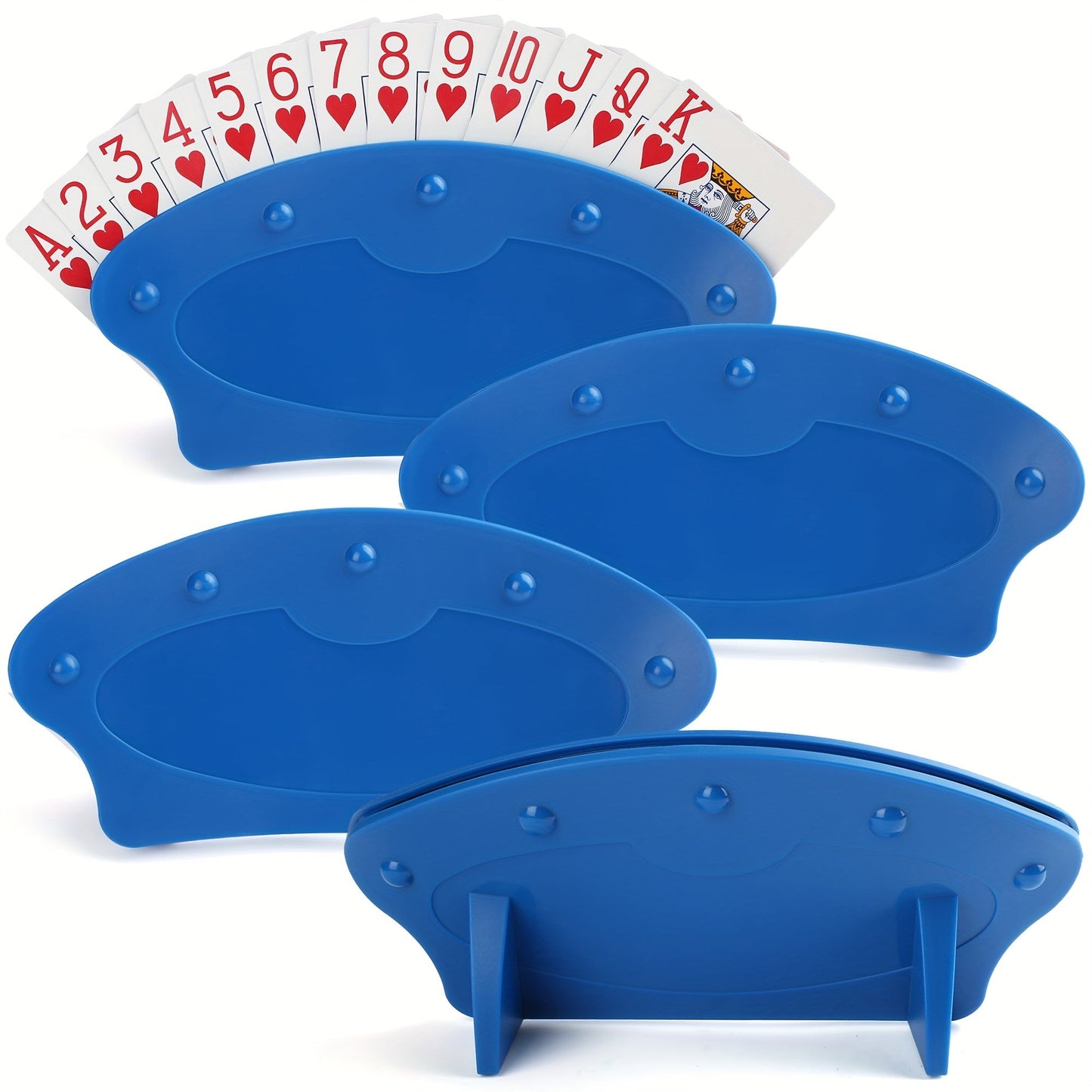 Four-Piece Blue Playing Card Holder Rack Set with Hands-Free Stands for Up to 15 Bridge or Poker Cards Each